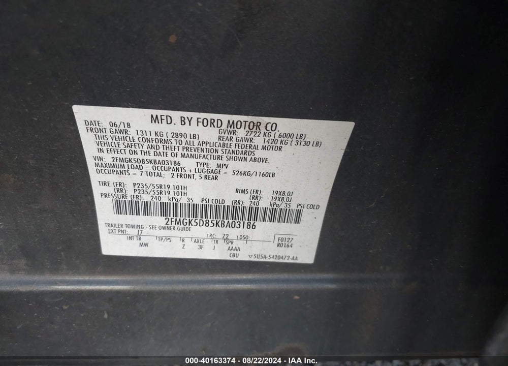 2019 FORD FLEX LIMITED VIN: 2FMGK5D85KBA03186