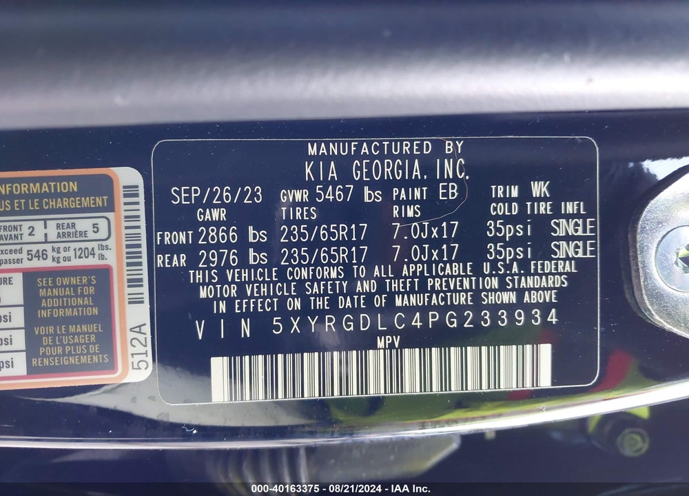 2023 KIA SORENTO LX VIN: 5XYRGDLC4PG233934