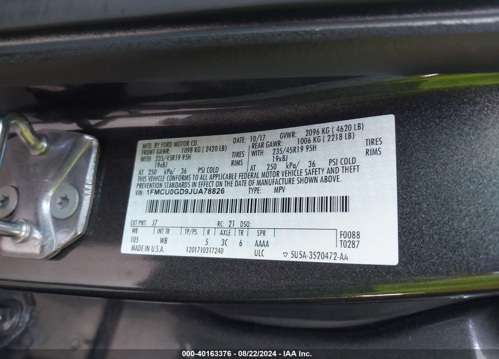 2018 FORD ESCAPE SE VIN: 1FMCU0GD9JUA78826