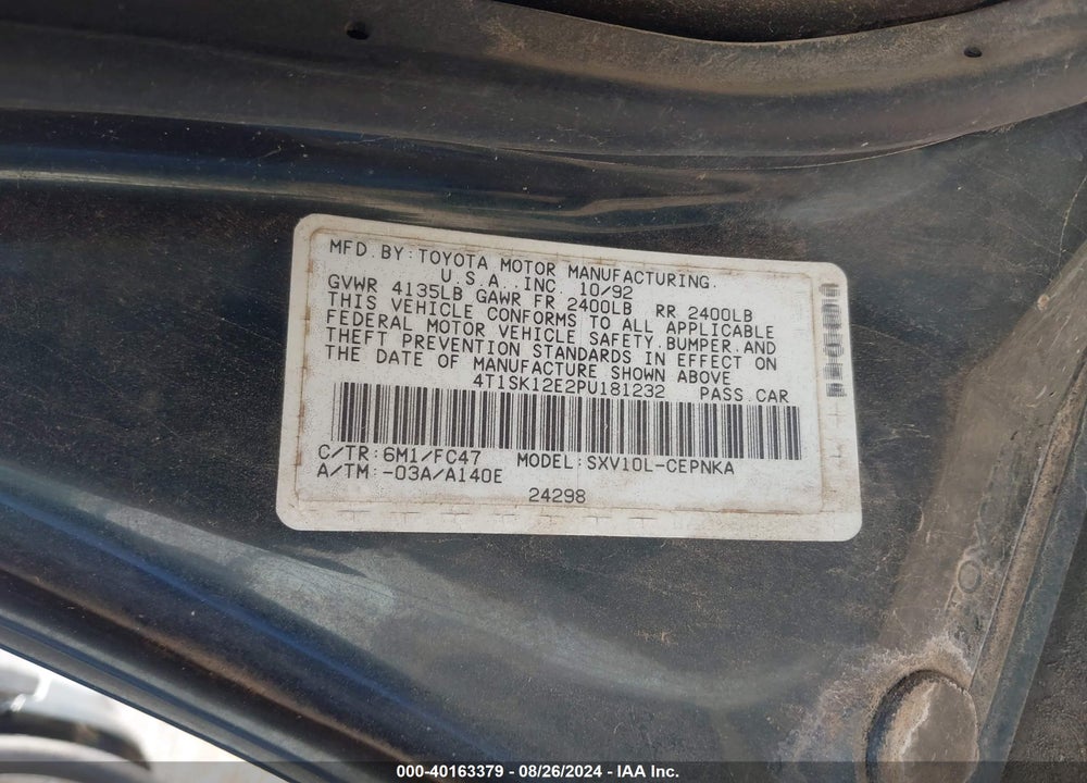 1993 TOYOTA CAMRY LE VIN: 4T1SK12E2PU181232
