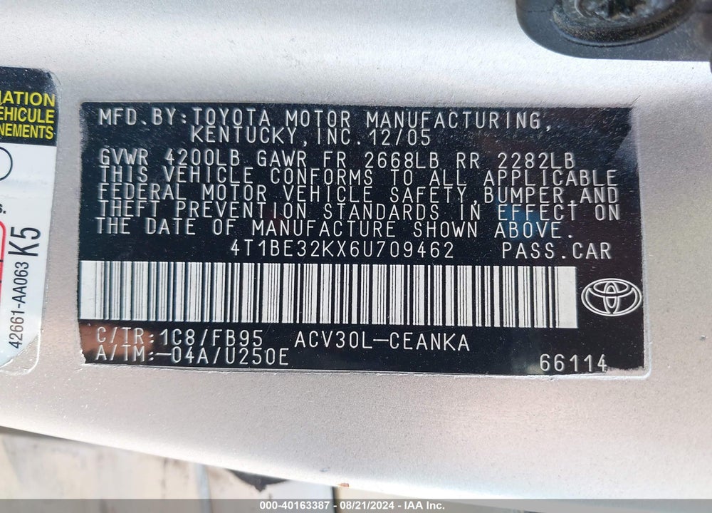 2006 TOYOTA CAMRY STD/ VIN: 4T1BE32KX6U709462