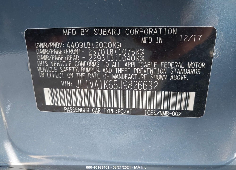2018 SUBARU WRX LIMITED VIN: JF1VA1K65J9826632