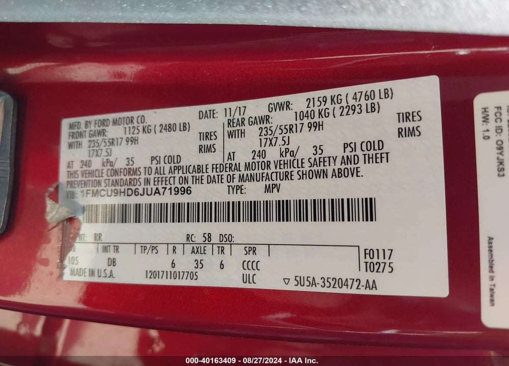 2018 FORD ESCAPE SEL VIN: 1FMCU9HD6JUA71996
