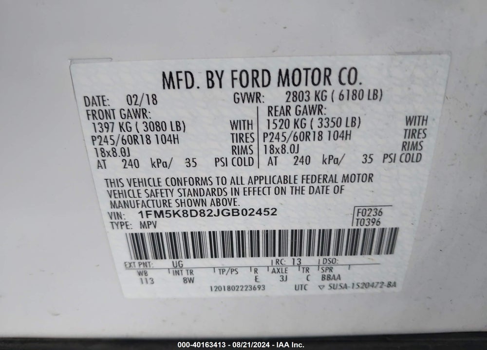 2018 FORD EXPLORER XLT VIN: 1FM5K8D82JGB02452
