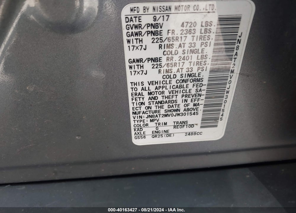 2018 NISSAN ROGUE S VIN: JN8AT2MV0JW301545