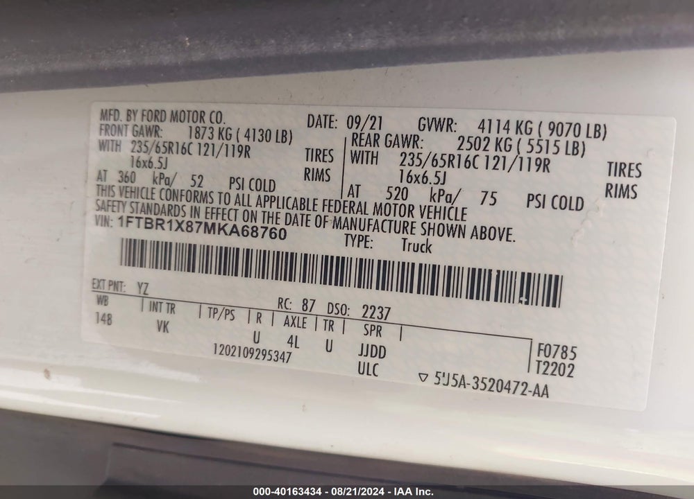2021 FORD TRANSIT-250 VIN: 1FTBR1X87MKA68760