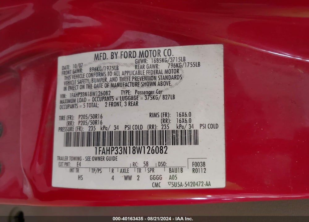 2008 FORD FOCUS SE/SES VIN: 1FAHP33N18W126082