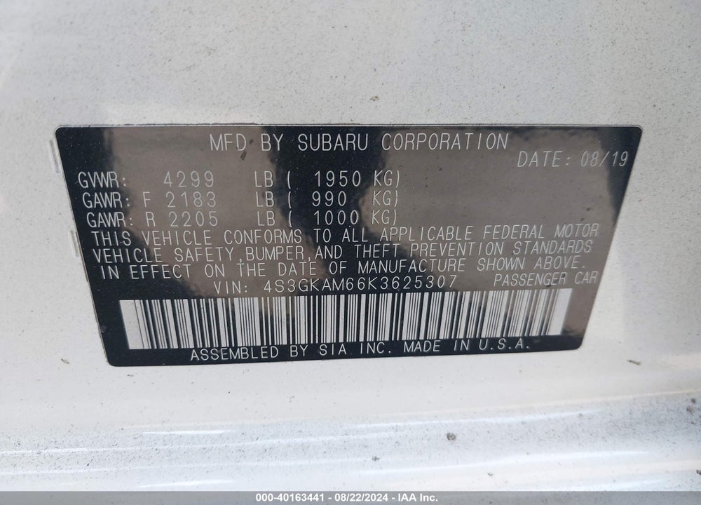 2019 SUBARU IMPREZA 2.0I SPORT VIN: 4S3GKAM66K3625307