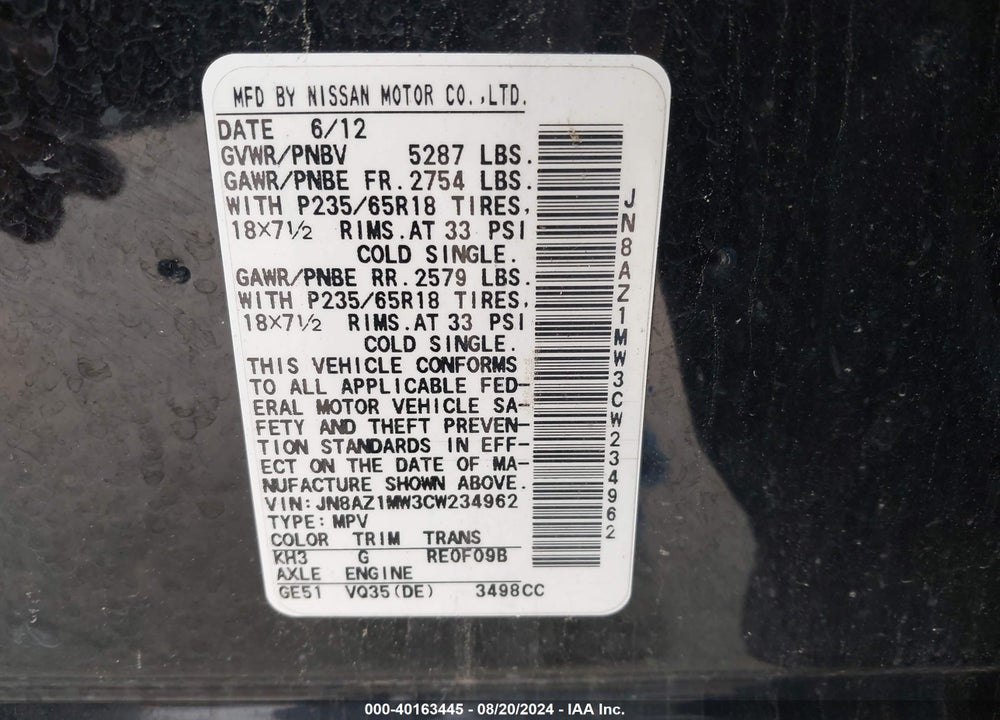 2012 NISSAN MURANO SL VIN: JN8AZ1MW3CW234962