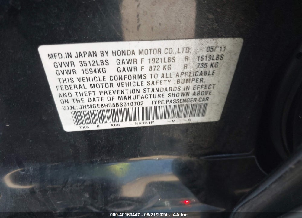 2011 HONDA FIT SPORT VIN: JHMGE8H58BS010702