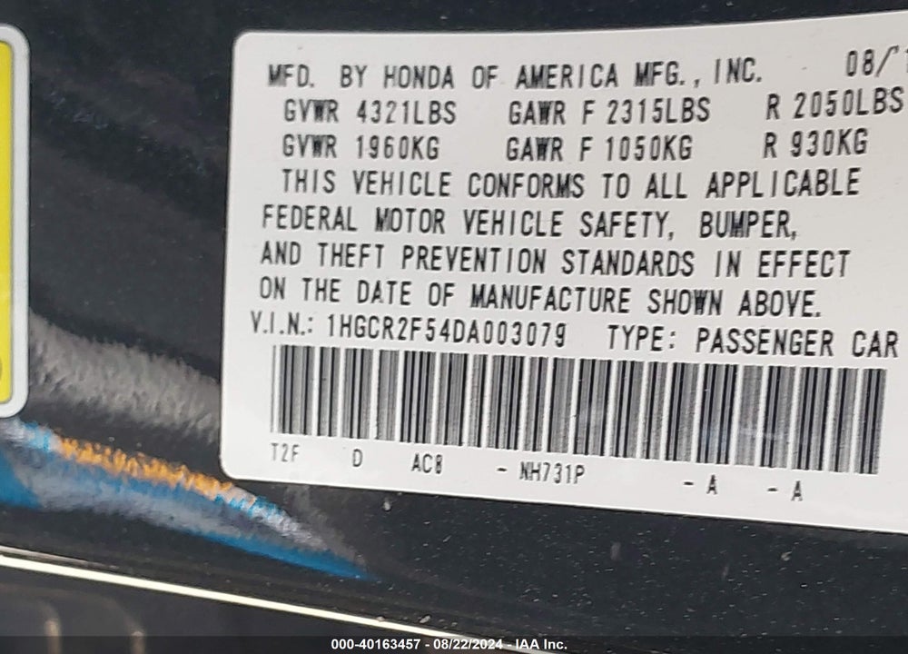2013 HONDA ACCORD SPORT VIN: 1HGCR2F54DA003079