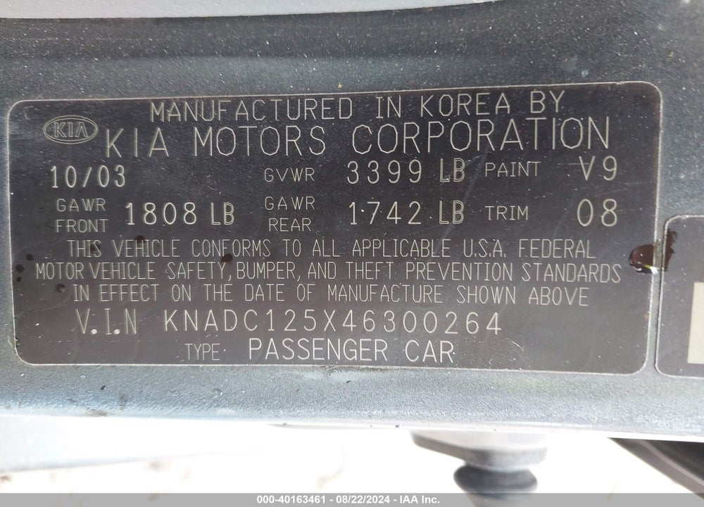 2004 KIA RIO VIN: KNADC125X46300264