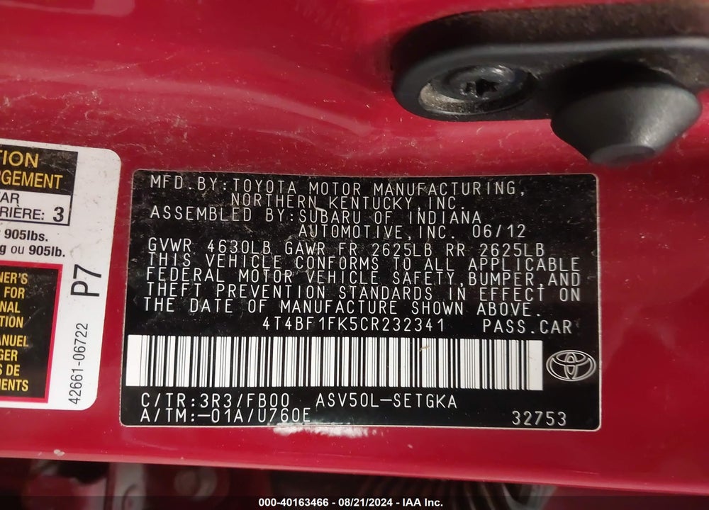 2012 TOYOTA CAMRY XLE VIN: 4T4BF1FK5CR232341