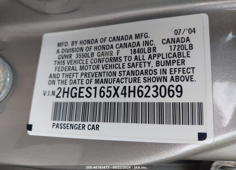 2004 HONDA CIVIC LX VIN: 2HGES165X4H623069