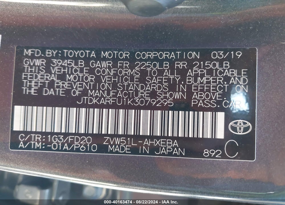 2019 TOYOTA PRIUS LE VIN: JTDKARFU1K3079295