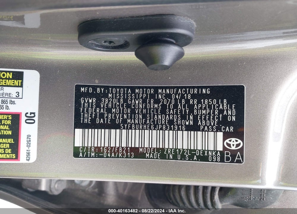 2018 TOYOTA COROLLA LE VIN: 5YFBURHE6JP831916