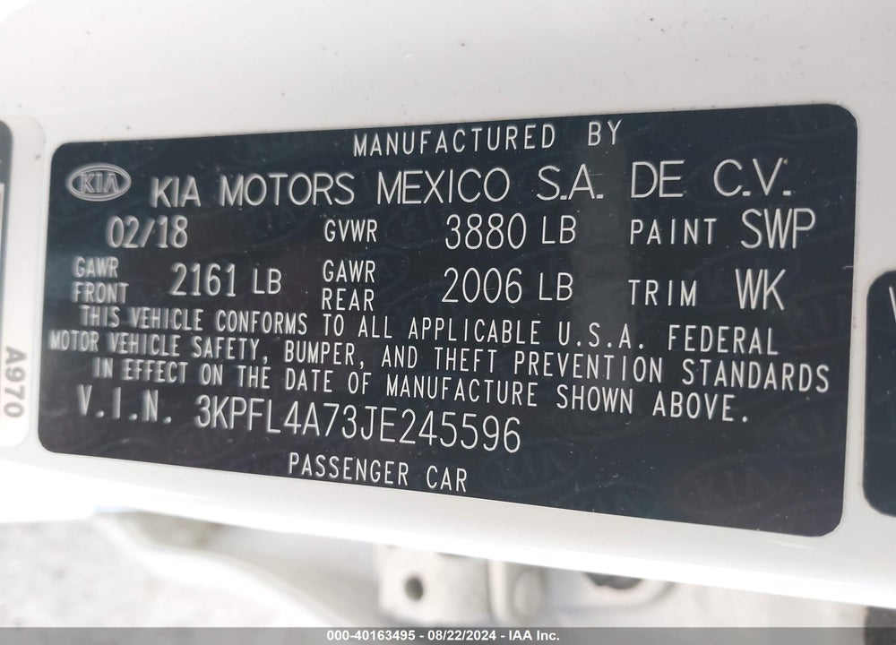 2018 KIA FORTE LX VIN: 3KPFL4A73JE245596