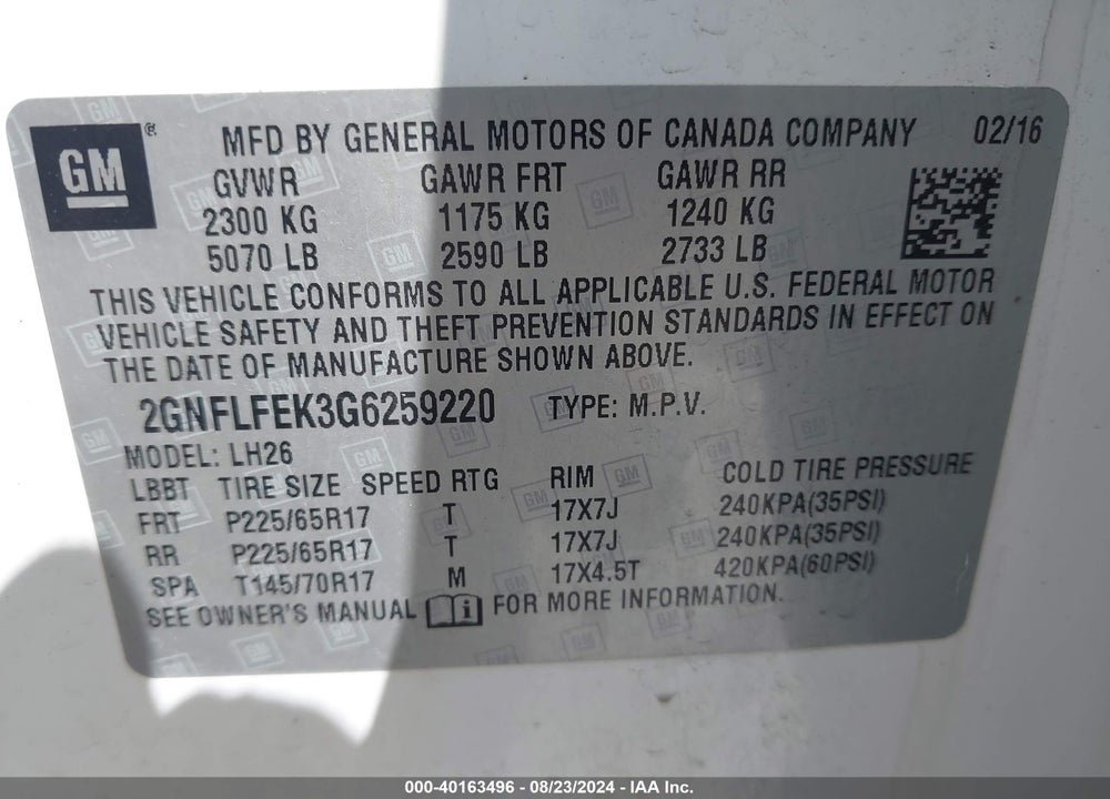 2016 CHEVROLET EQUINOX LT VIN: 2GNFLFEK3G6259220