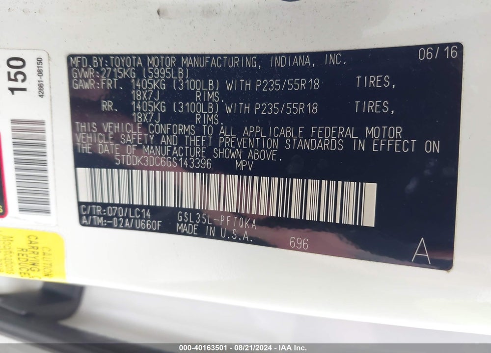 2016 TOYOTA SIENNA XLE 7 PASSENGER VIN: 5TDDK3DC6GS143396