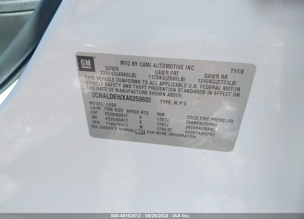 2010 CHEVROLET EQUINOX LT VIN: 2CNALDEWXA6259809