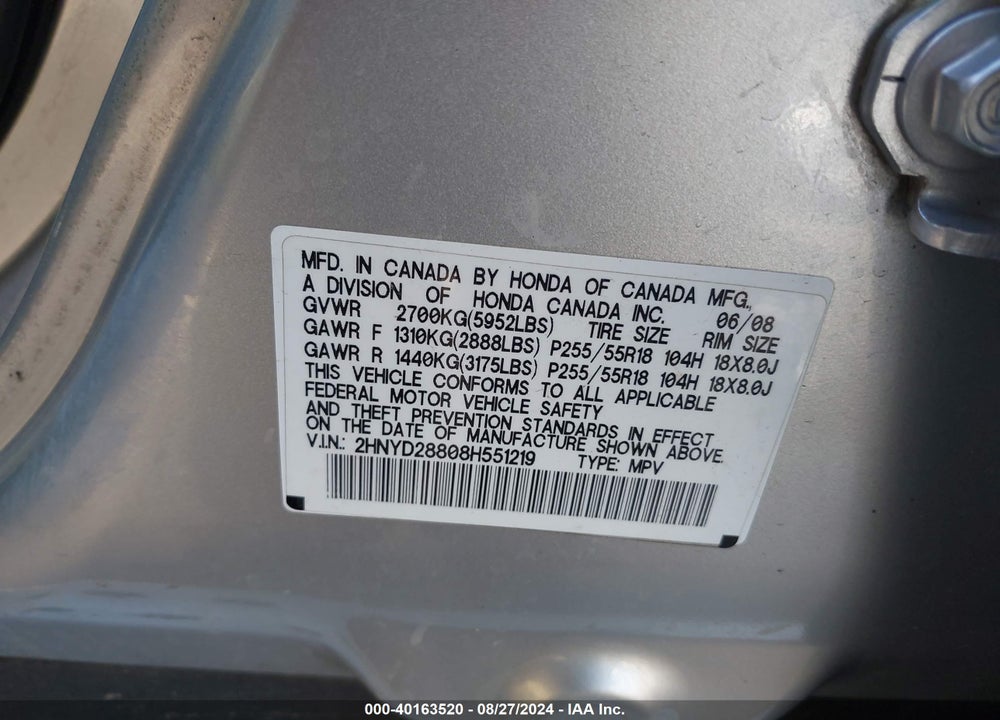 2008 ACURA MDX SPORT PACKAGE VIN: 2HNYD28808H551219