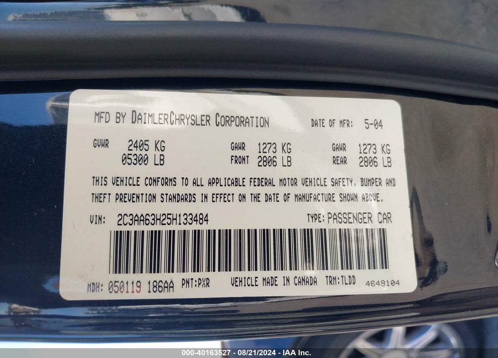 2005 CHRYSLER 300C VIN: 2C3AA63H25H133484