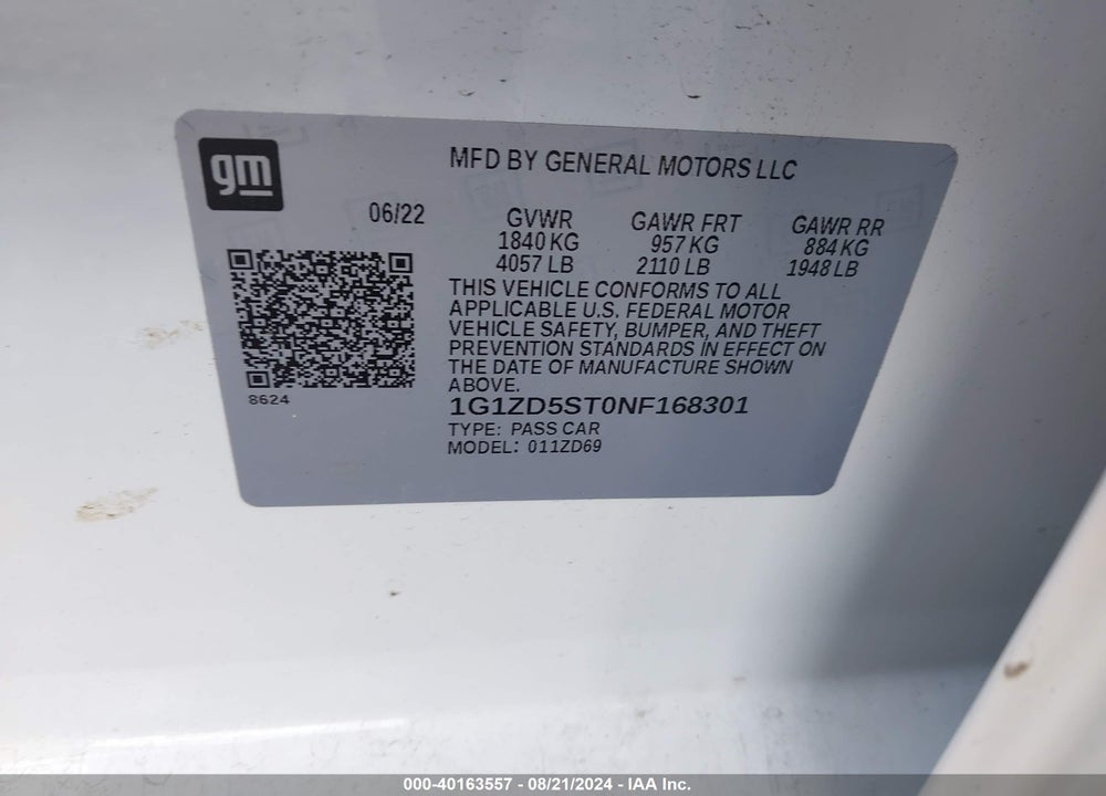 2022 CHEVROLET MALIBU FWD LT VIN: 1G1ZD5ST0NF168301