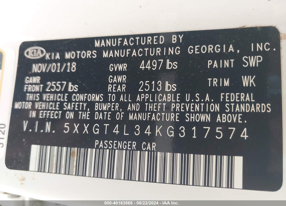 2019 KIA OPTIMA LX VIN: 5XXGT4L34KG317574