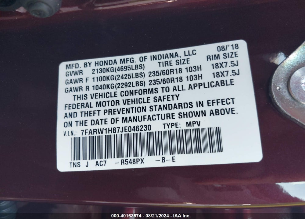 2018 HONDA CR-V EX-L/EX-L NAVI VIN: 7FARW1H87JE046230