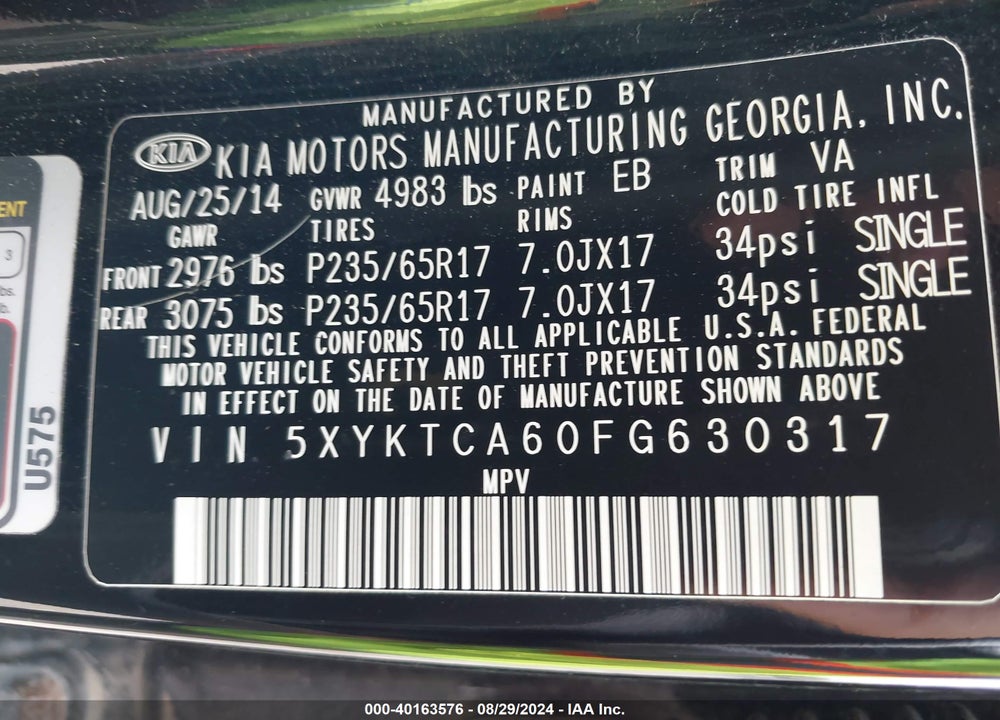2015 KIA SORENTO LX VIN: 5XYKTCA60FG630317