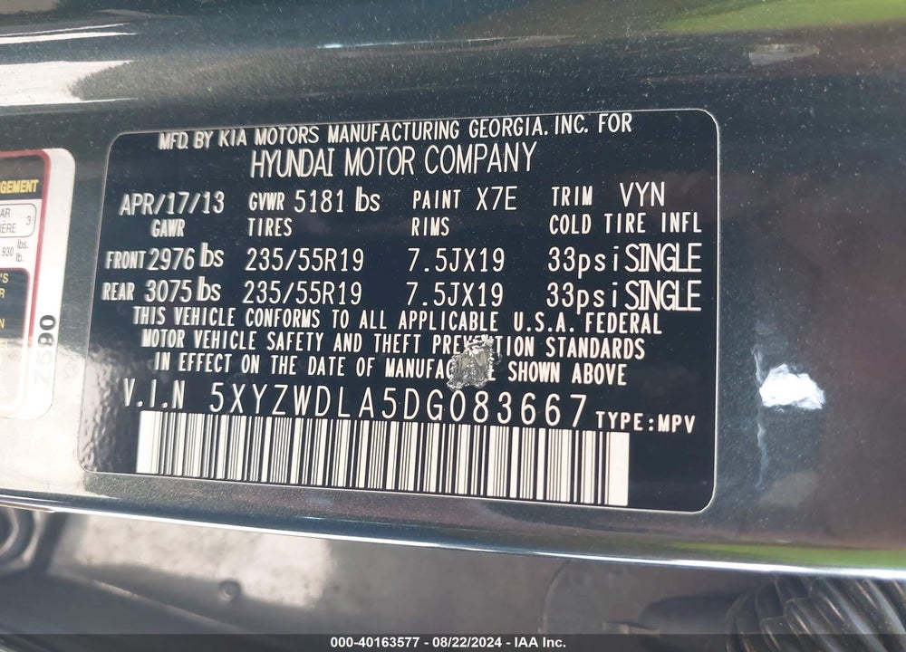 2013 HYUNDAI SANTA FE SPORT 2.0T VIN: 5XYZWDLA5DG083667