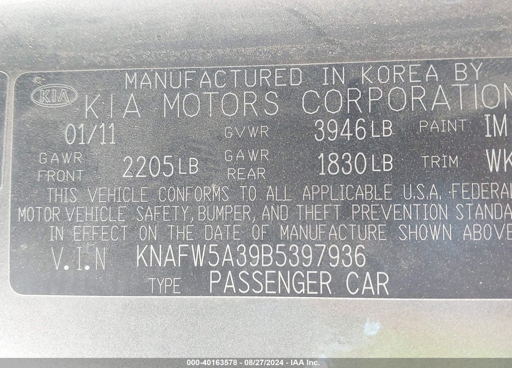 2011 KIA FORTE SX VIN: KNAFW5A39B5397936