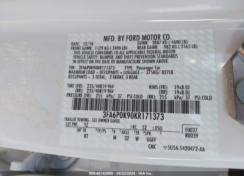 2019 FORD FUSION TITANIUM VIN: 3FA6P0K90KR171373