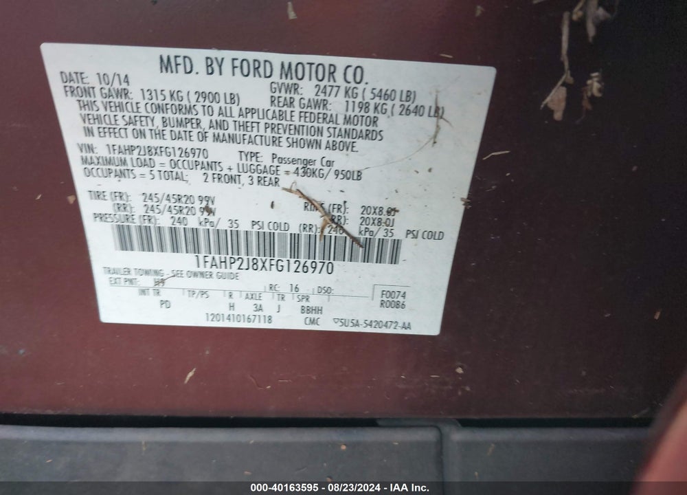 2015 FORD TAURUS LIMITED VIN: 1FAHP2J8XFG126970