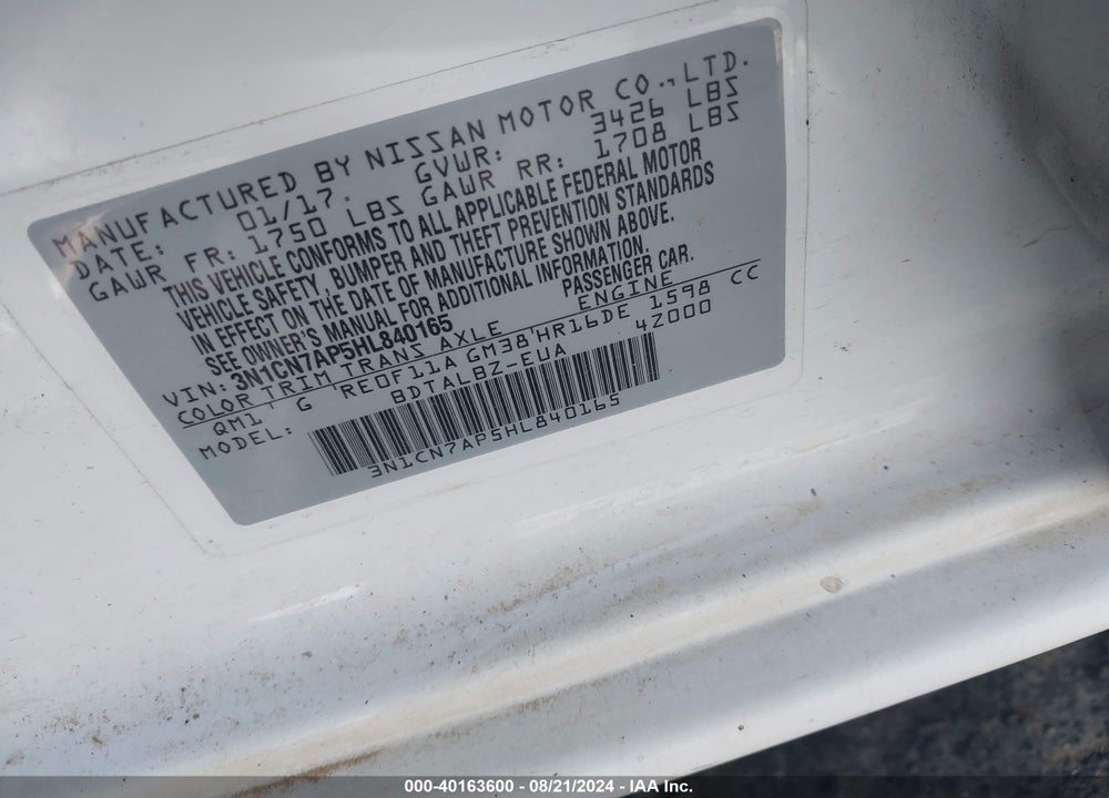 2017 NISSAN VERSA 1.6 SV VIN: 3N1CN7AP5HL840165