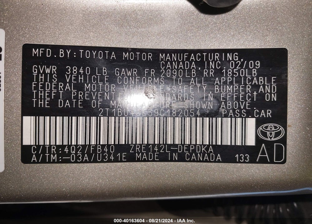 2009 TOYOTA COROLLA LE VIN: 2T1BU40E59C182054