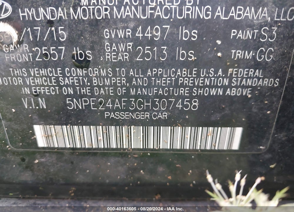 2016 HYUNDAI SONATA SE VIN: 5NPE24AF3GH307458