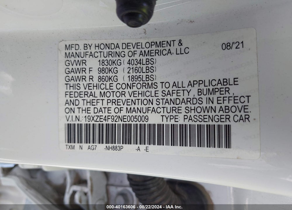 2022 HONDA INSIGHT TOURING VIN: 19XZE4F92NE005009