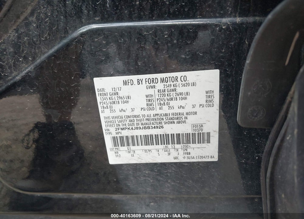 2018 FORD EDGE SEL VIN: 2FMPK4J89JBB34926