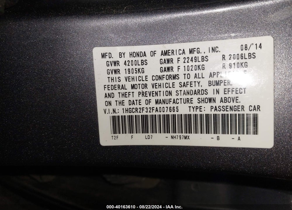 2015 HONDA ACCORD LX VIN: 1HGCR2F32FA007665