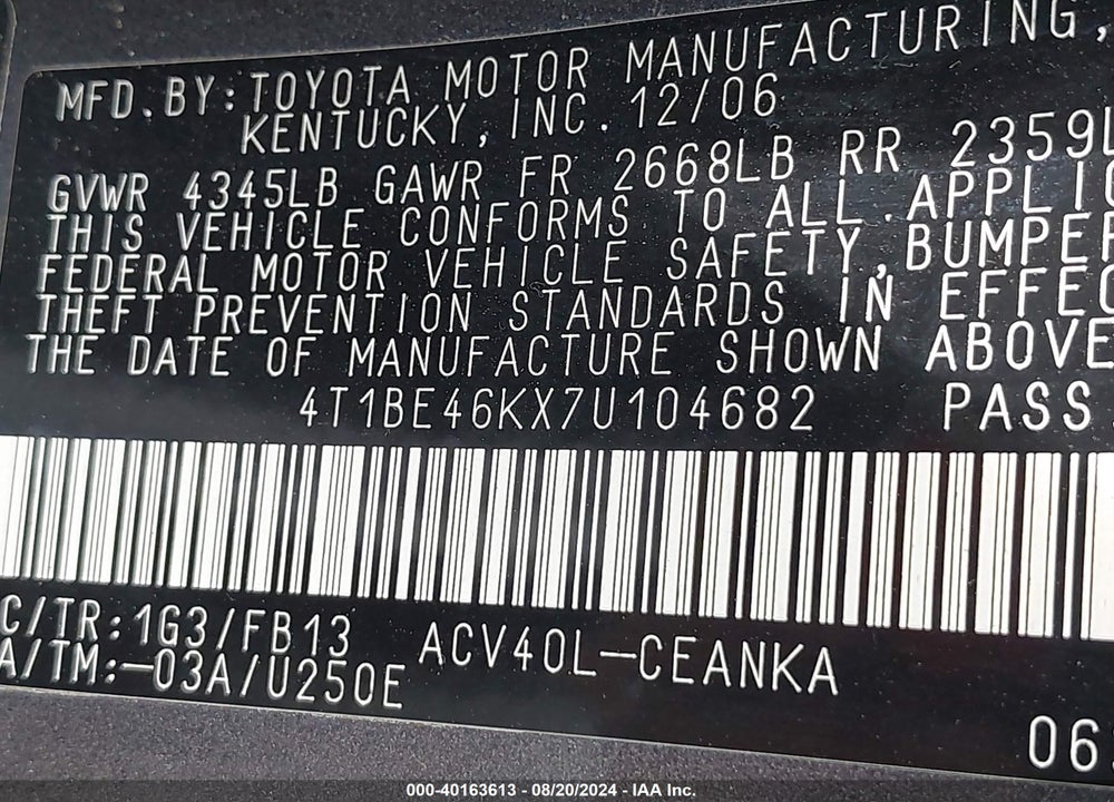 2007 TOYOTA CAMRY LE VIN: 4T1BE46KX7U104682