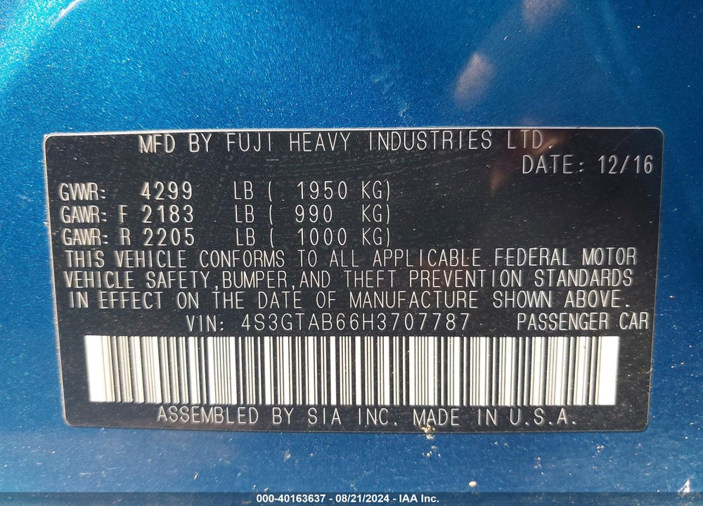 2017 SUBARU IMPREZA 2.0I PREMIUM VIN: 4S3GTAB66H3707787