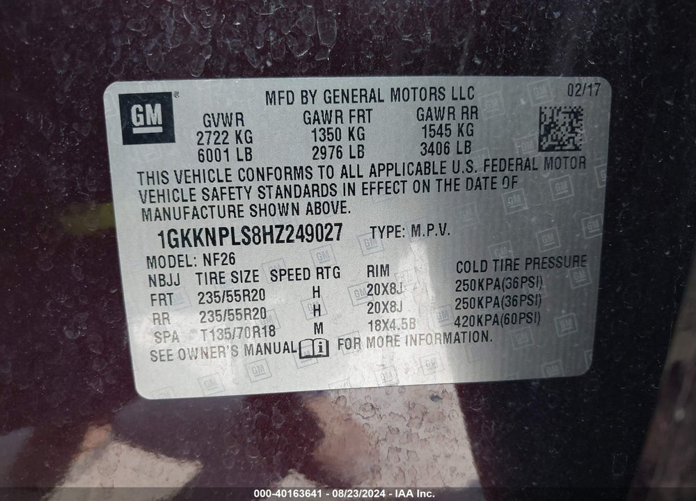 2017 GMC ACADIA DENALI VIN: 1GKKNPLS8HZ249027