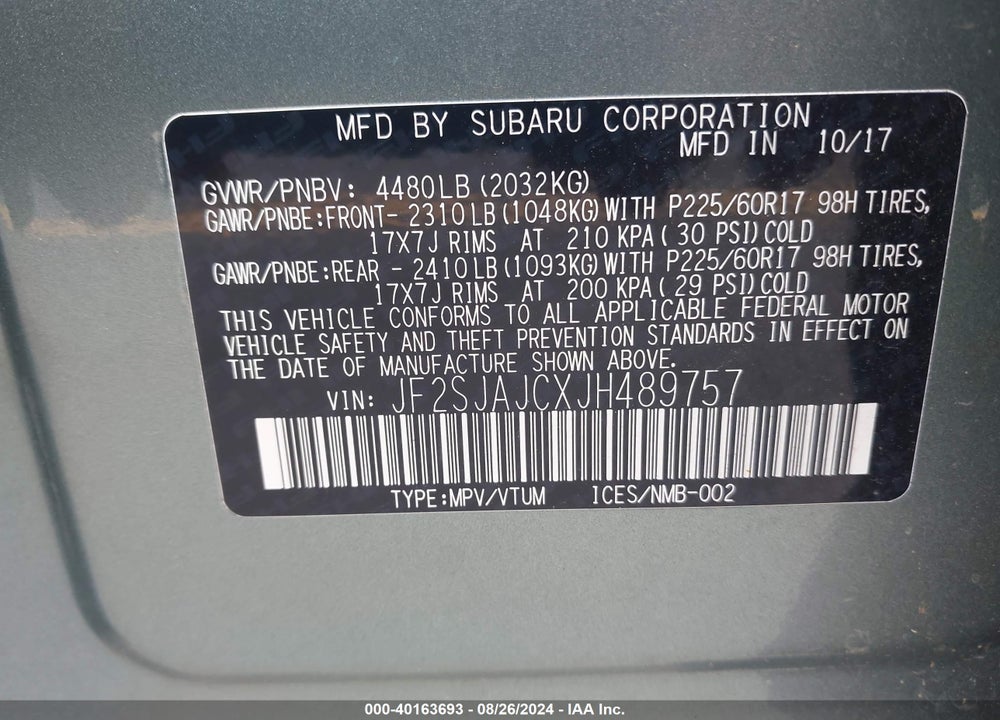2018 SUBARU FORESTER 2.5I LIMITED VIN: JF2SJAJCXJH489757