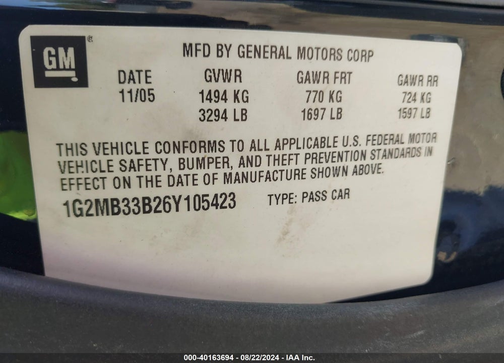 2006 PONTIAC SOLSTICE VIN: 1G2MB33B26Y105423