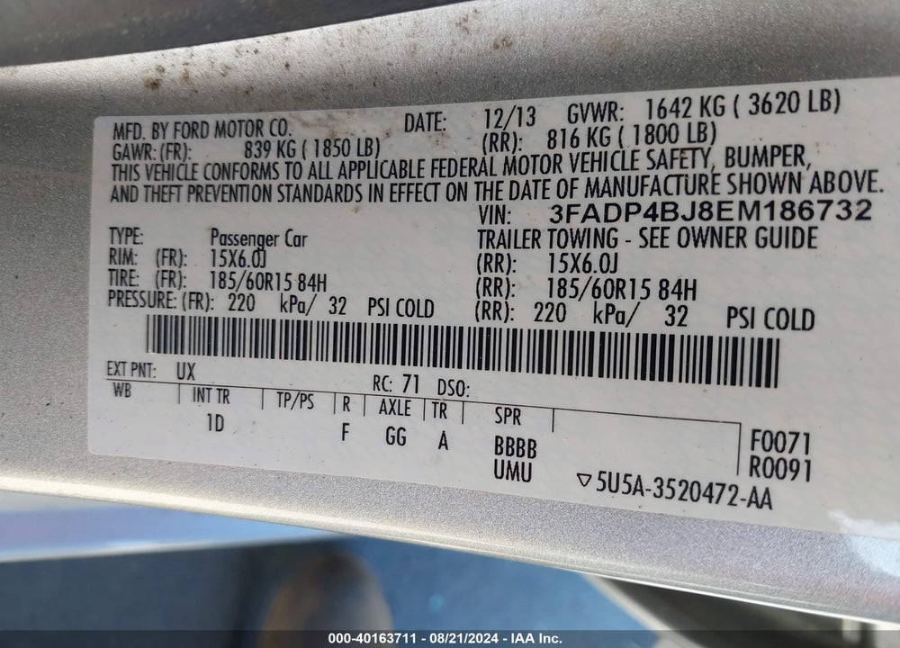 2014 FORD FIESTA SE VIN: 3FADP4BJ8EM186732