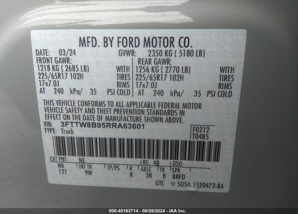 2024 FORD MAVERICK VIN: 3FTTW8B95RRA63601