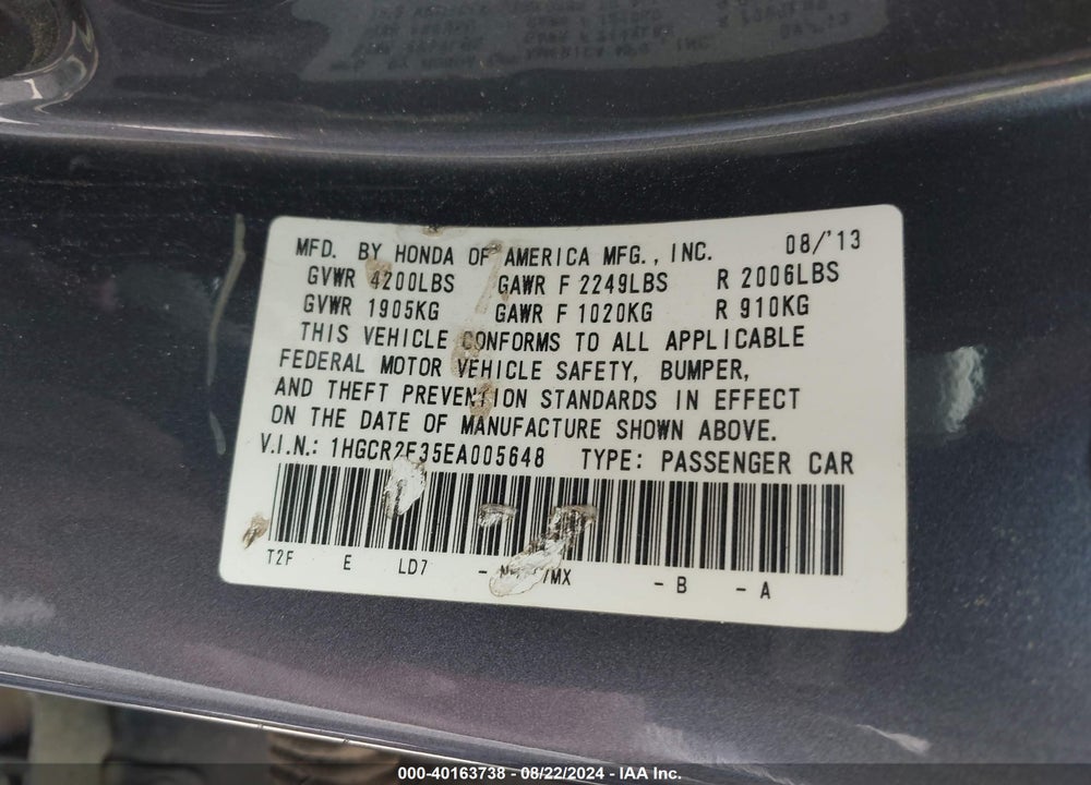 2014 HONDA ACCORD LX VIN: 1HGCR2F35EA005648