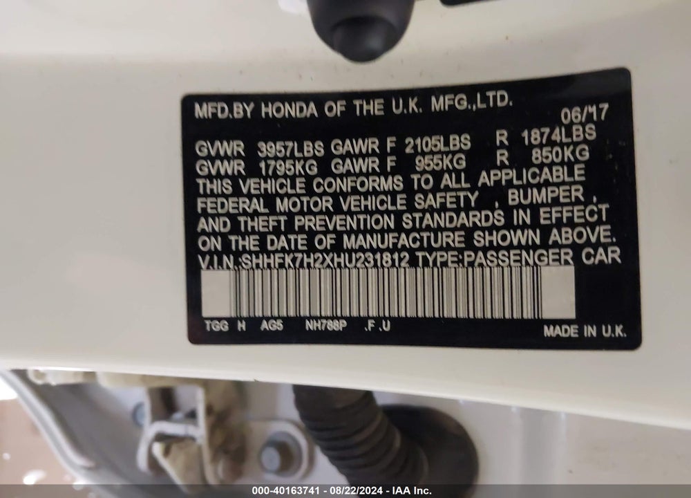 2017 HONDA CIVIC LX VIN: SHHFK7H2XHU231812