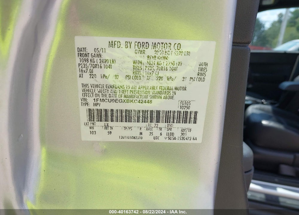 2011 FORD ESCAPE LIMITED VIN: 1FMCU0EGXBKC42448